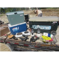 2 Igloo Portable Coolers, Colman Lantern Elec 2 Burner Hotplate, Bevail Anchor, Binoculars