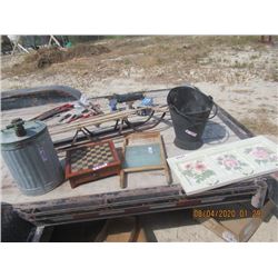 Antique Gas Can, Coal Pail, Washboard, Antique Child's Sleigh, Art On Window w Coat Rack, & Checker 