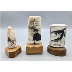 Three Scrimshaw Fossilized Ivory Pieces