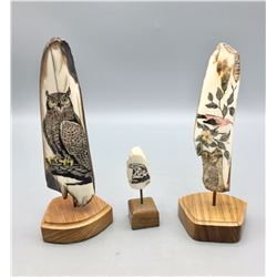Three Scrimshaw Fossilized Ivory Pieces
