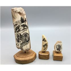 Three Scrimshaw Fossilized Ivory Pieces