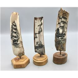 Three Scrimshaw Fossilized Ivory Pieces
