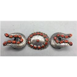Vintage Sterling Silver and Coral Buckle Set