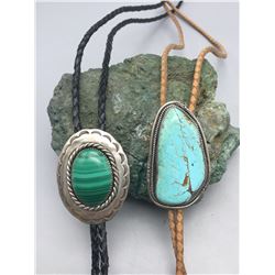 Two Vintage Bolos - One Turquoise and One Malachite