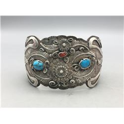Large Vintage Turquoise and Coral Bracelet