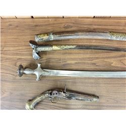Two Middle Eastern Swords and Flintlock Pistol