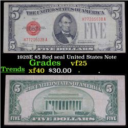1928E $5 Red Seal United States note grades vf+Each 1928 five dollar red seal bill has serial number