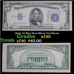 1934c $5 Blue Seal Federal Reserve Note, Philadelphia 3-C Grades