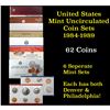 Image 1 : Group of 6 United States Mint Uncurculated Coin Sets In Original Government Packaging 1984-1989 62 c