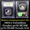 Image 1 : Proof 1992-S Columbus Modern Commem Half Dollar 50c Grades GEM++ Proof Deep Cameo