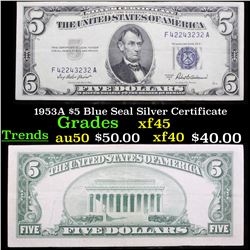 1953A $5 Blue Seal Silver Certificate Grades xf+