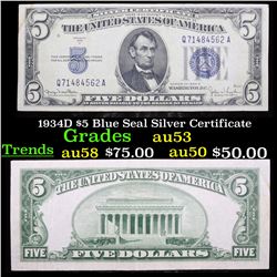 1934D $5 Blue Seal Silver Certificate Grades Select AU