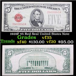 1928F $5 Red Seal United States Note Grades vf++