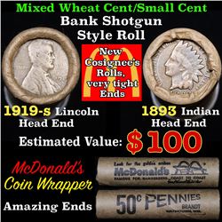 Mixed small cents 1c orig shotgun roll, 1919-s Wheat Cent, 1893 Indian Cent other end, McDonalds Wra