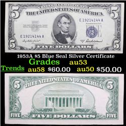 1953A $5 Blue Seal Silver Certificate Grades Select AU