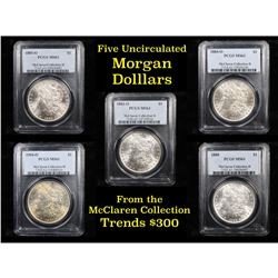 5 Unc Morgan $1 Graded By PCGS Mixed Dates From The McClaren Collection Grades