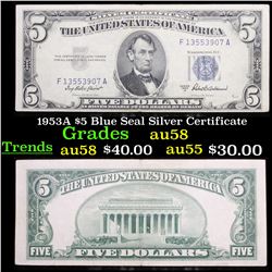 1953A $5 Blue Seal Silver Certificate Grades Choice AU/BU Slider