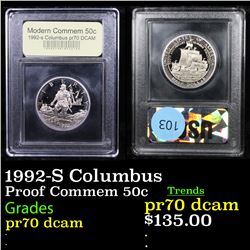 Proof 1992-S Columbus Modern Commem Half Dollar 50c Graded GEM++ Proof Deep Cameo By USCG