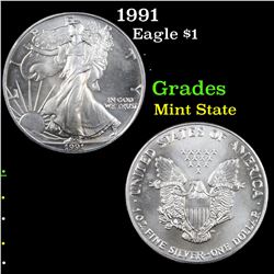 1991 Silver Eagle Dollar $1 Grades Mint State