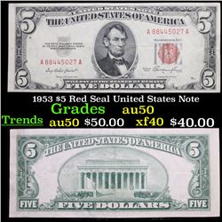 1953 $5 Red Seal United States Note Grades AU, Almost Unc