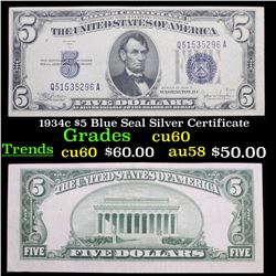 1934c $5 Blue Seal Silver Certificate Grades Choice CU