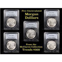 5 Unc Morgan $1 Graded By PCGS Mixed Dates From The McClaren Collection Grades