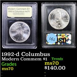 1992-d Columbus Modern Commem Dollar $1 Graded ms70, Perfection By USCG