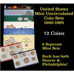 Group of 6 United States Mint Uncurculated Coin Sets In Original Government Packaging 1990-1995 60 c