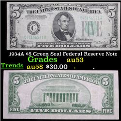 1934A $5 Green Seal Federal Reserve Note Grades Select AU