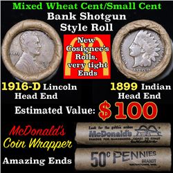 Mixed small cents 1c orig shotgun roll, 1916-d Wheat Cent, 1899 Indian Cent other end, McDonalds Wra