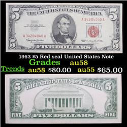 1963 $5 Red seal United States Note Grades Choice AU/BU Slider