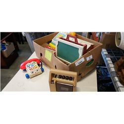 8 VINTAGE FISHER PRICE TOYS, PLUS PEOPLE INCL. BUS, PHONES, BARNS, TAPE RECORDER, CHALK BOARD