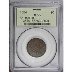 1864 2C Small Motto AU55 PCGS. A solidly struck chocol 