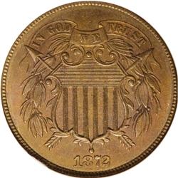 1872 2C MS65 Red and Brown NGC. This low mintage emiss 