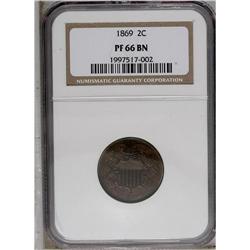 1869 2C PR66 Brown NGC. On a backdrop of dark brown, m 