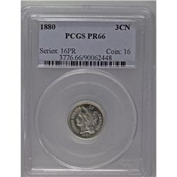 1880 3CN PR66 PCGS. The beautiful proof fields are haz 
