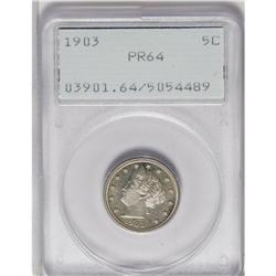1903 5C PR64 PCGS, moderately reflective with gold and 