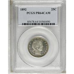 1892 25C PR64 Cameo PCGS. Nicely mirrored with signifi 