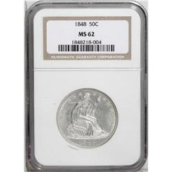1848 50C MS62 NGC. Bright and untoned with shimmering, 