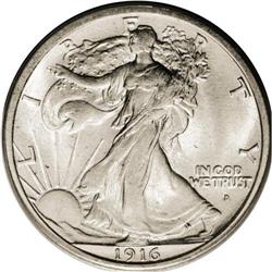 1916-D 50C MS65 PCGS. A lovely, pale silver coin, with 