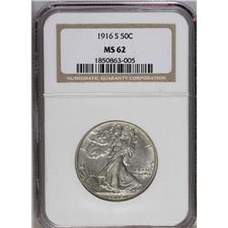 1916-S 50C MS62 NGC. Olive toning appears at the perip 