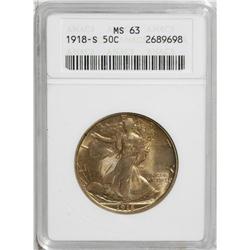 1918-S 50C MS63 ANACS. Rich sunset-golden color blanke 