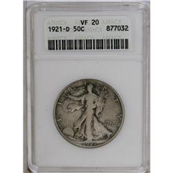 1921-D 50C VF20 ANACS. Moderately worn dove-gray surfa 