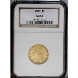 1836 $5 AU53 NGC. Second Head, Large Date, Breen-6509,