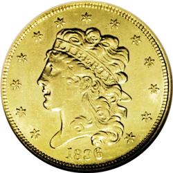 1836 $5 AU58 NGC. Breen-6509, Second Head, Large Date,