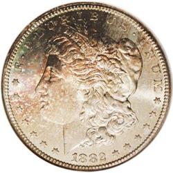 1882-CC S$1 MS67 NGC. The obverse features variegated 