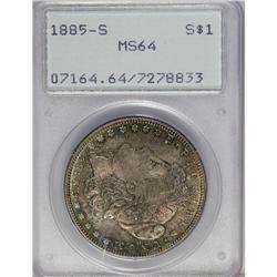 1885-S S$1 MS64 PCGS. Satiny with mottled gold, gunmet 