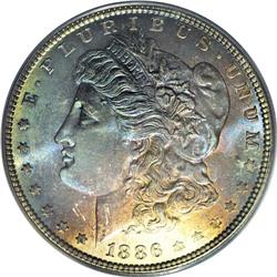 1886 S$1 MS66 PCGS. Dramatic ocean-blue, plum, and gol 