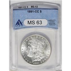 1891-CC S$1 MS63 ANACS. Well struck overall with sligh 
