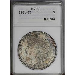 1891-CC S$1 MS63 ANACS. Apple-green, navy-blue, tobacc 